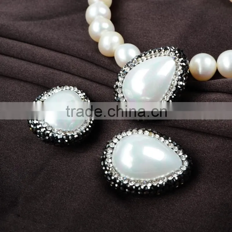 Egg shape white shell pearl bead jewelry findings with white zircon