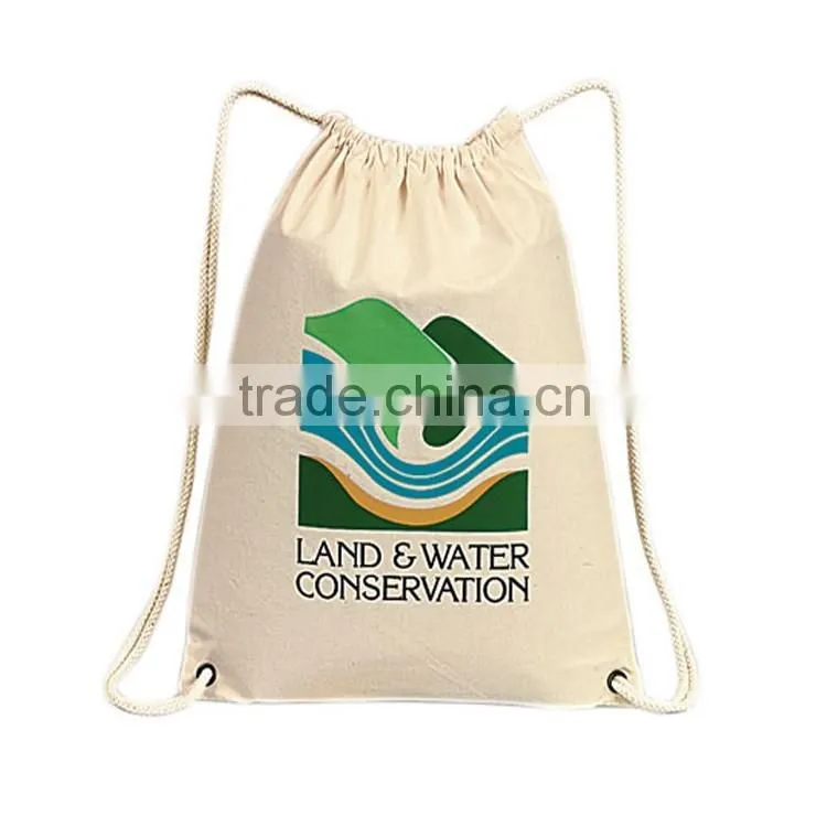 Customized Logo and printing natural color cotton drawstring backpack bag
