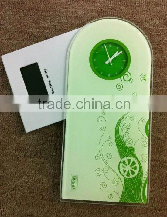 Tempered Glass Novelest Retractable digital /electronic body scale with quartz clock( can be hanged on wall)