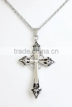 Stainless Steel Pendant: Gothic cross with black inlay, circle at back center and clear gem at center front