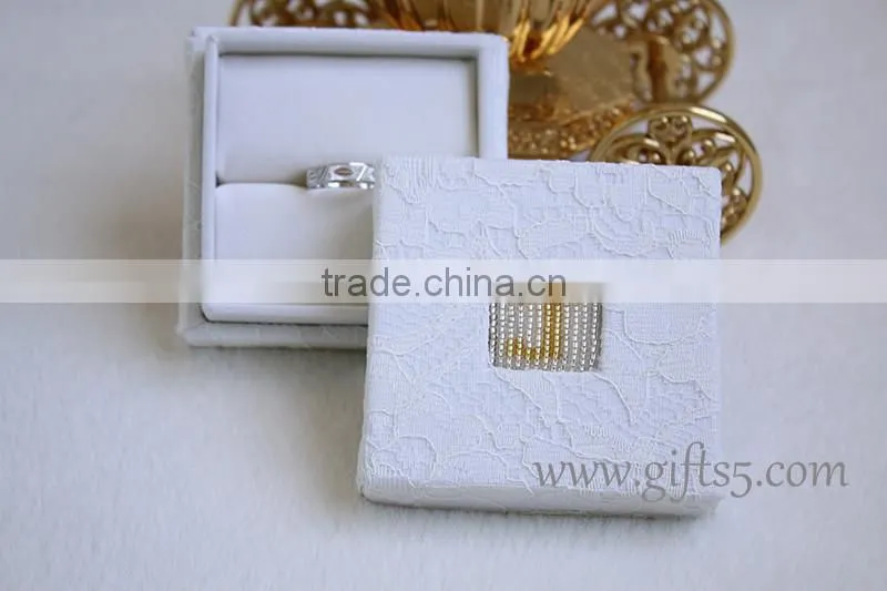 Personalized engagement ring box with beaded name plate of J