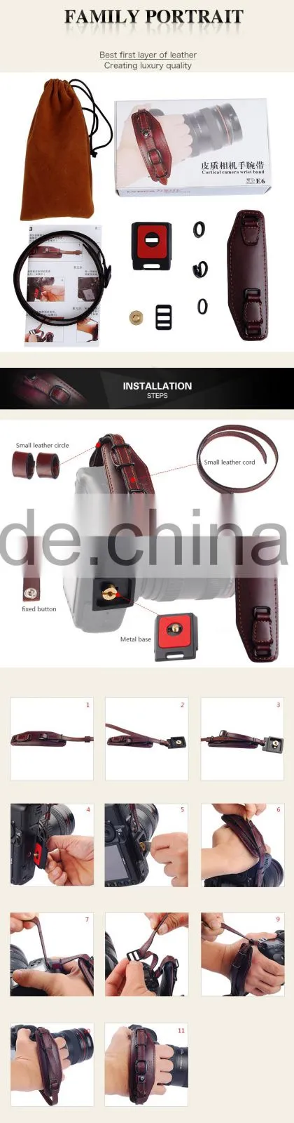 Wholesale hand made leather camera wrist strap