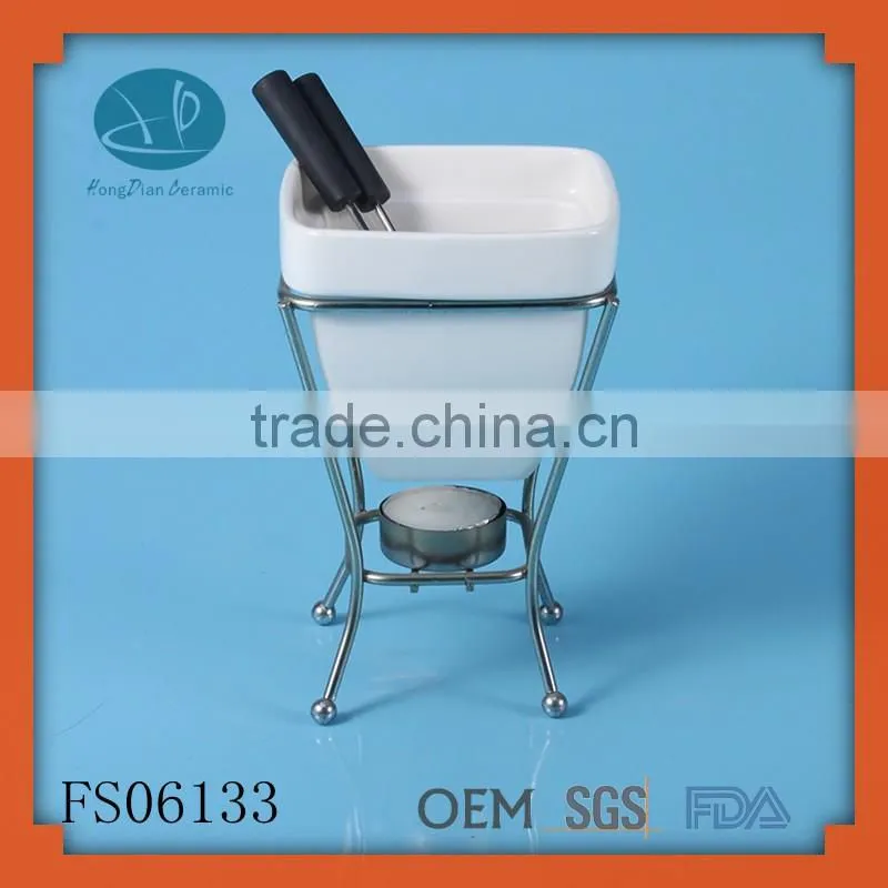 hot sale custom ceramic fondue pot, ceramic fondue set with stainless steel stand