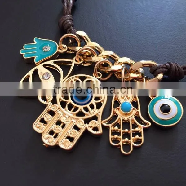 gold hamsa hand fatima hand evil eye charms bracelet wax cord bracelet