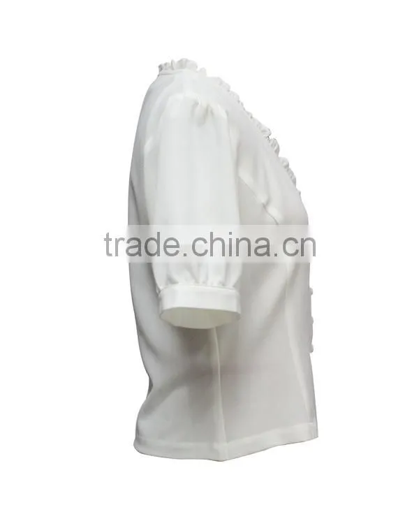 V-neck Short Sleeve Plain white choli blouse designs with frilled collar