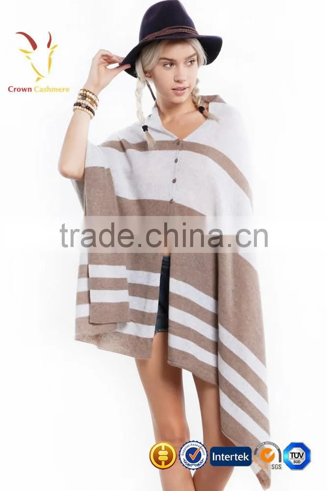 Cashmere Wool Knitted Poncho Shawls with Buttons Stripe Color Block Shawl
