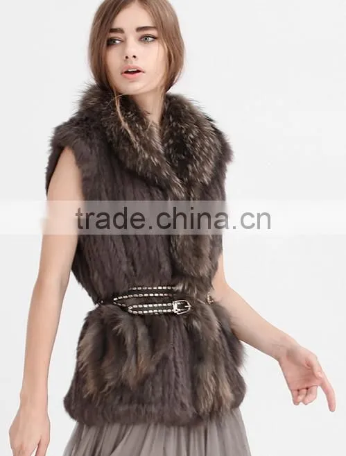 YR644 Women Genuine Rabbit Hand knit with Raccoon Fur Waistcoat Yanran Fur Factory OEM Order Fur Gilet