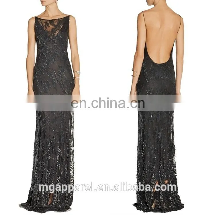 ladies long night dress sexy black gown sexy open back dresses embellished tulle evening gown