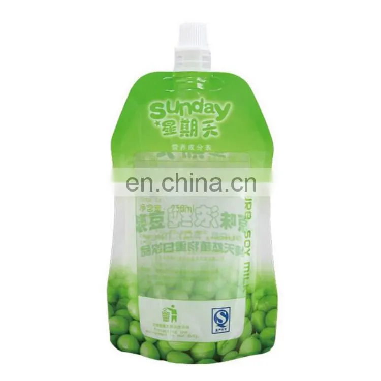 Custom cheap price food grade stand up soy milk/juice/wine packaging spout pouch with tear note