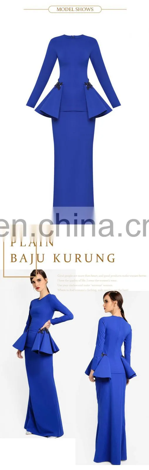 high quality Islamic clothing custom women plain blue baju kurung dress