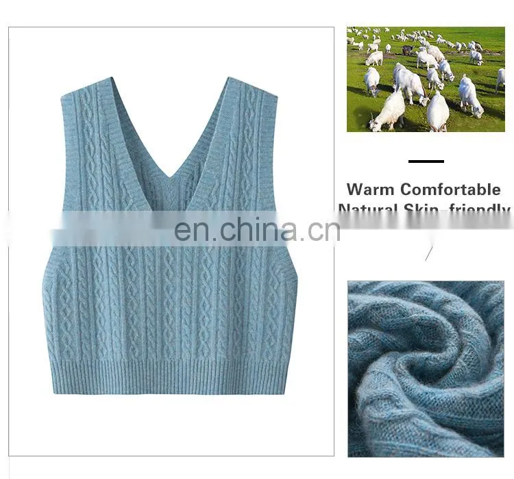 Wholesale 100% Cashmere Knit Women's Tank Top Sexy V-Neck Casual Short Woolen Clothing with Embroidered Logo on Back for Suits
