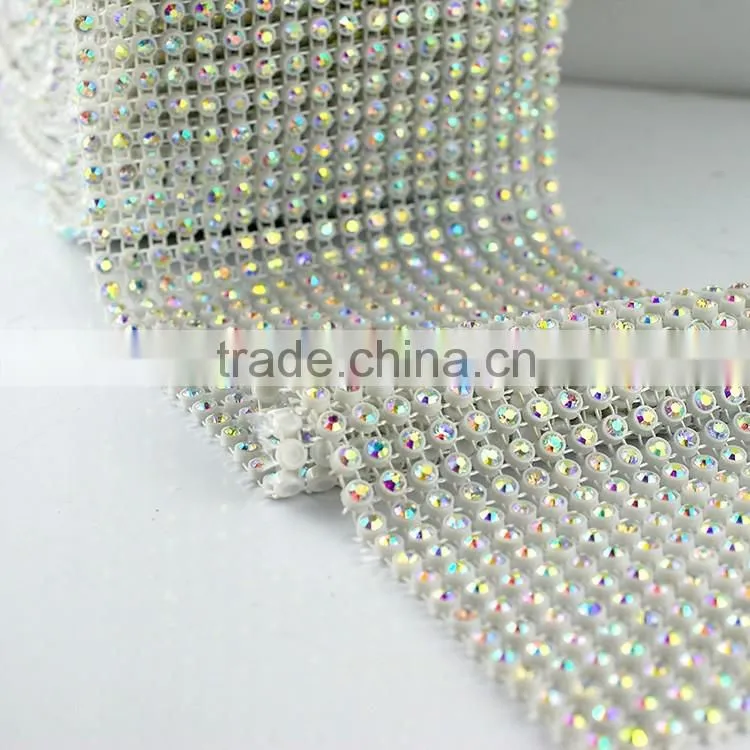 Wholesa Price 18 Rows Stretch Rhinestone Trimming Mesh with Plastic Ribbon,Elastic Crystal Stone Trims Sheet Mesh for Decoration