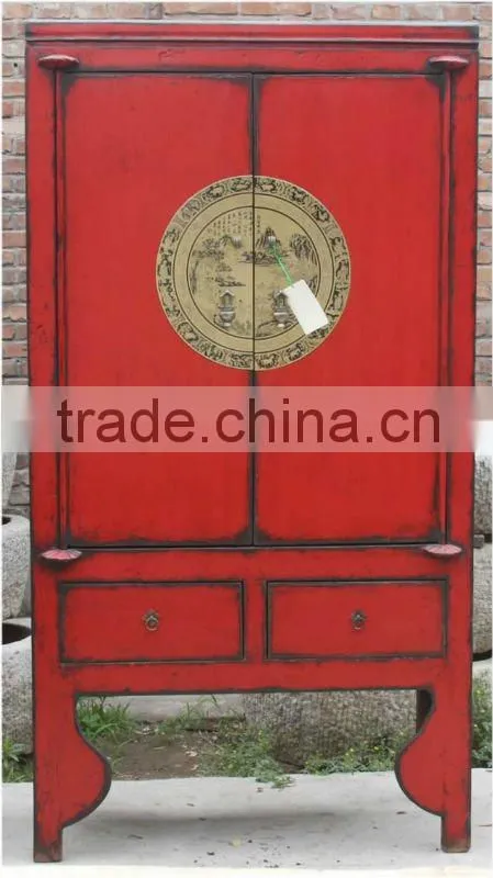 chinese red antique two door two drawer carved wedding cabinet