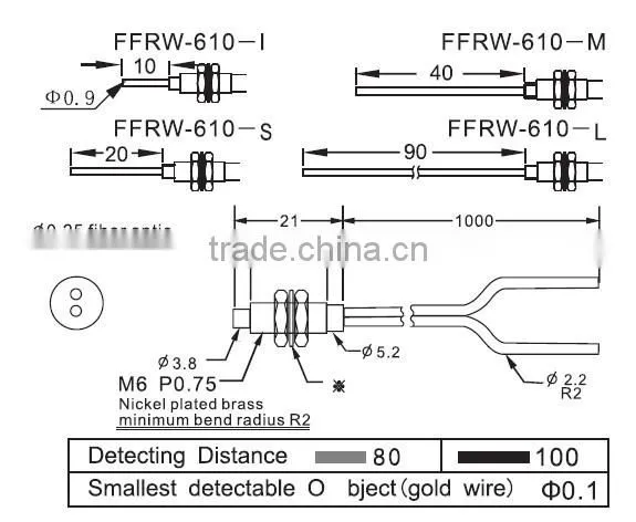 M6 Fiber Optical sensors, with protective tube, diffuse optical fiber unit