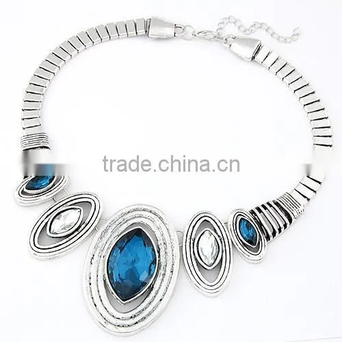 Hot!china wholesale Fashion American and European Popular Exquisite Noble Crystal silver Alloy Oval Charm statement Necklace