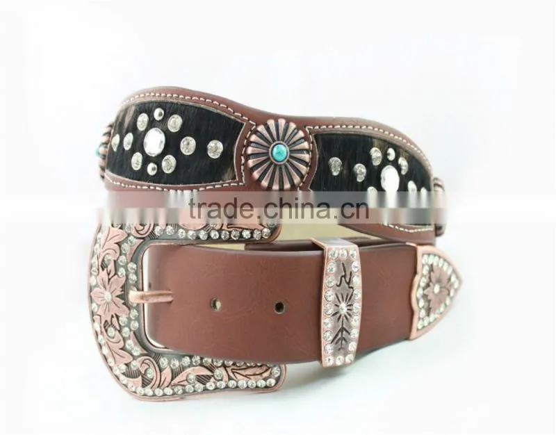 2016 Best Seller Scallop Western Rhinestone Leather Belt With Turquoise Concho