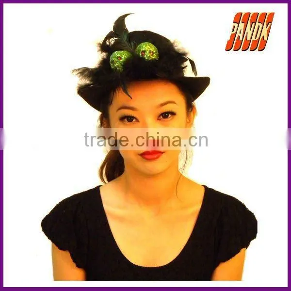 Fashion felt-cloth Black top hat with glittered green skull and lace