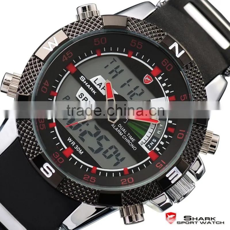 Shark Analog Digital Quatrz LCD Day Date Rubber Band Men LED Wrist Watch