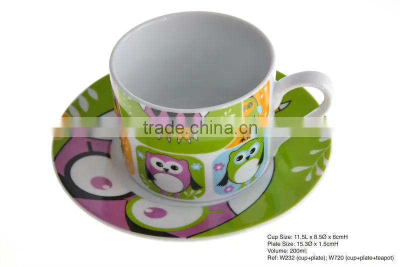 Colorful Owl Pattern Teacup And Saucer 2 Sets Wholesale Porcelain