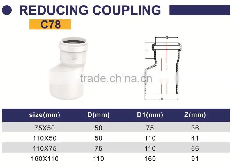 HIGH QUANLITY REDUCING COUPLING OF PVC GB STANDARD EXPANDING FITTINGS FOR DRAINAGE WITH GASKET