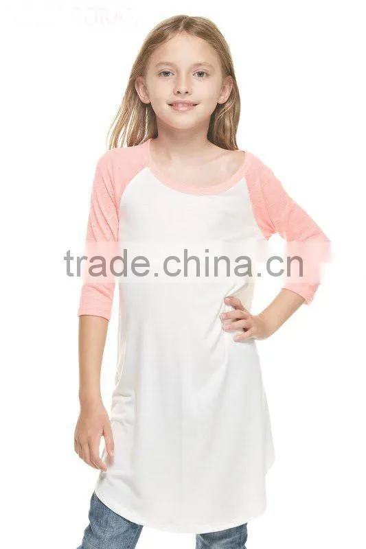 Custom OEM Clothing Kids New Fashion Model Summer Spring 3/4 Sleeve Raglan Ruffle Casual Dress Long T shirt Wholesale