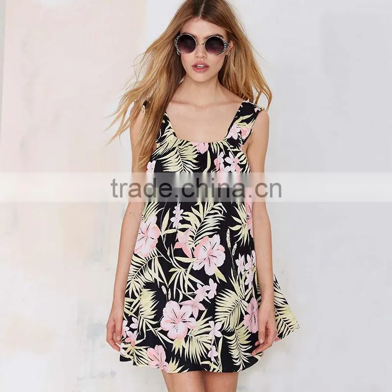 Ladies Fashion Sexy Back Open Floral Print Falbala Halter Top Short Dress