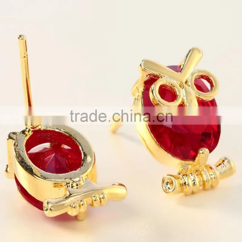 Cute gold color red zircon oval owl women jewelry party earring