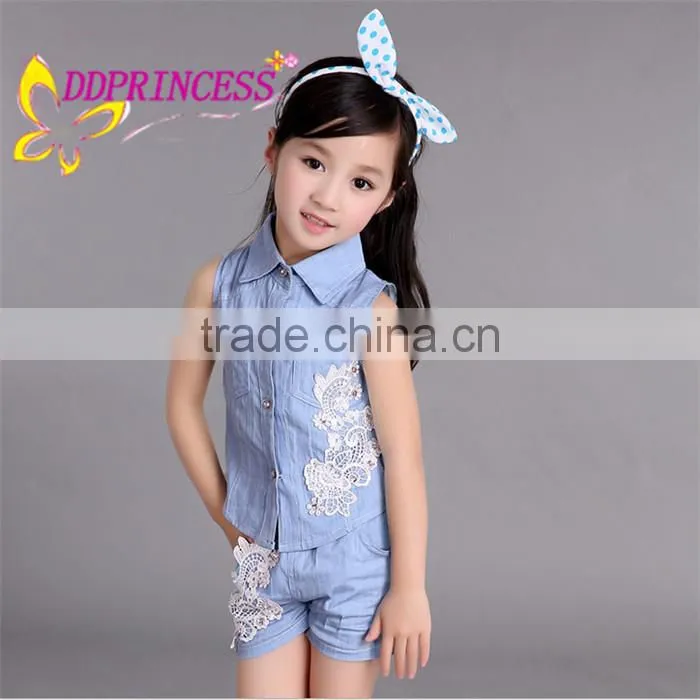 2015 fashion blue cowboy girl suit cowboy set for baby girl children