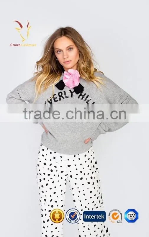Women Grey Fashion Cashmere Pullover With Flower Neck