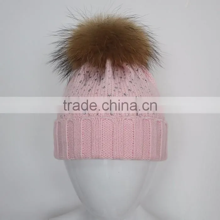 Myfur Baby Pink High Quality Wool Acrylic Knitting Hat and Cap with Raccoon Fur Ball Wholesale