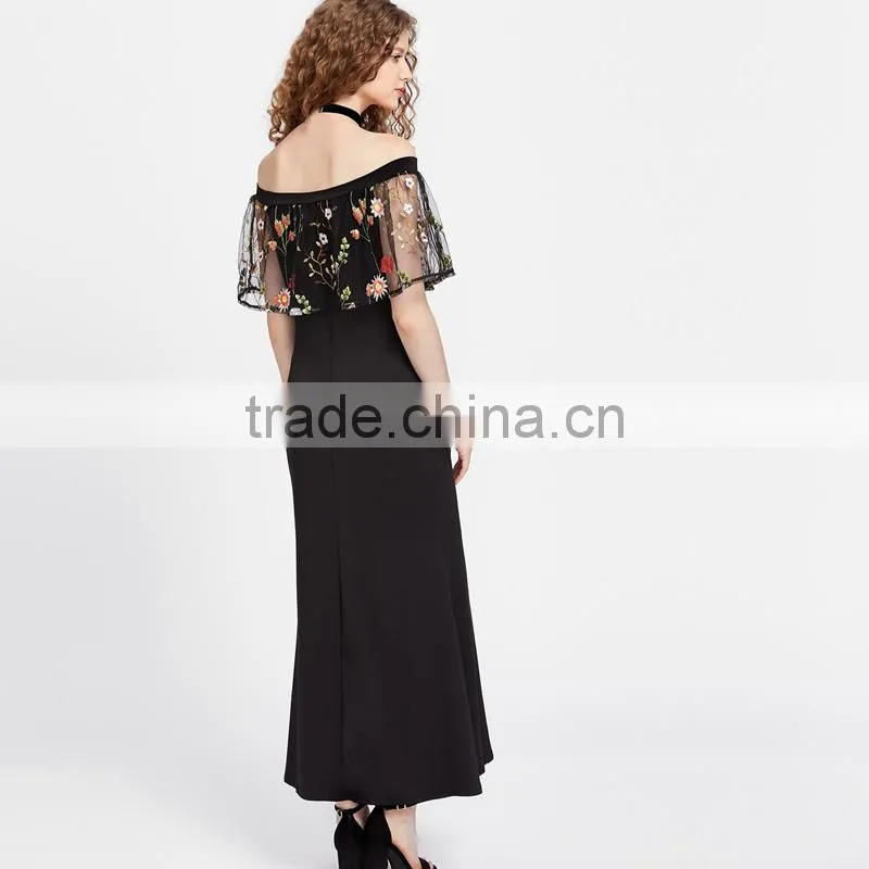 HOT off the shoulder sexy dress, woman floral print mesh maxi long dress