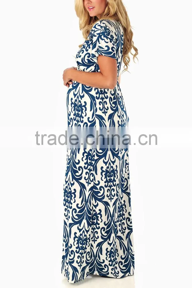 TEAL DAMASK PRINTED MATERNITY/NURSING MAXI DRESS