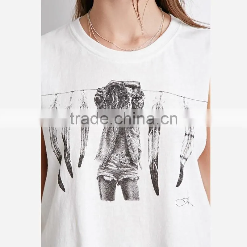 oem service custom sexy retro printed raw cuff sleeveless crop tops/t shirt