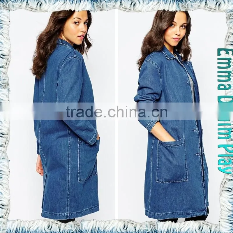 Leisure Ladies Slim Long Sleeves Elongated Denim Overcoats Manufacturer