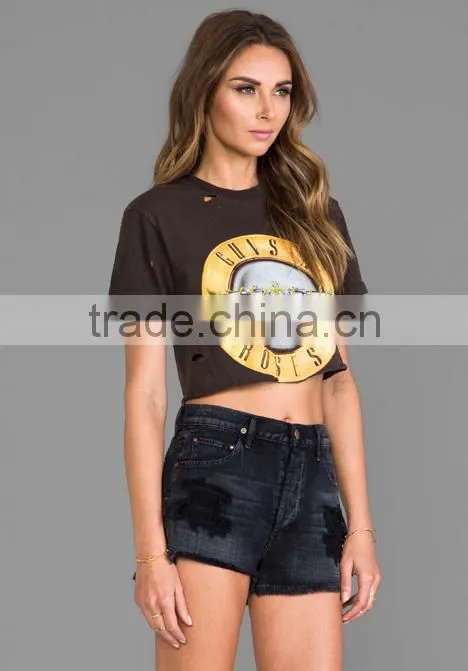 intentional holes throughout raw cut hem crop t-shirts