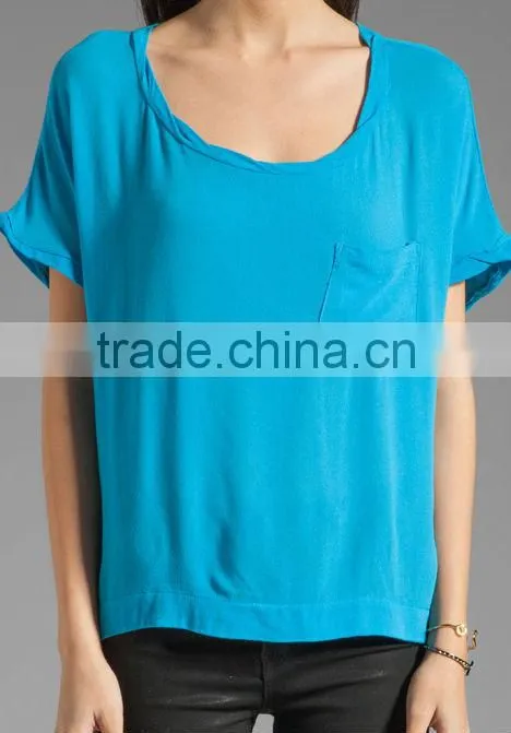 ladies 100% rayon front breast pocket short sleeve tee shirts