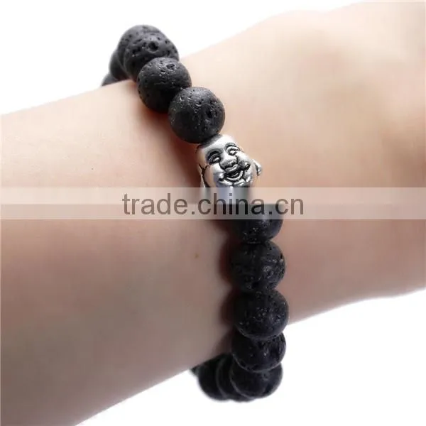New Fashion Stone Lava Beaded Healing Bracelet Black Antique Silver Buddha Statue Head Elastic