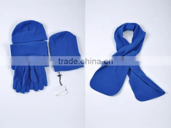 2015 new design anti-pilling fleece solid hat scarf and glove set