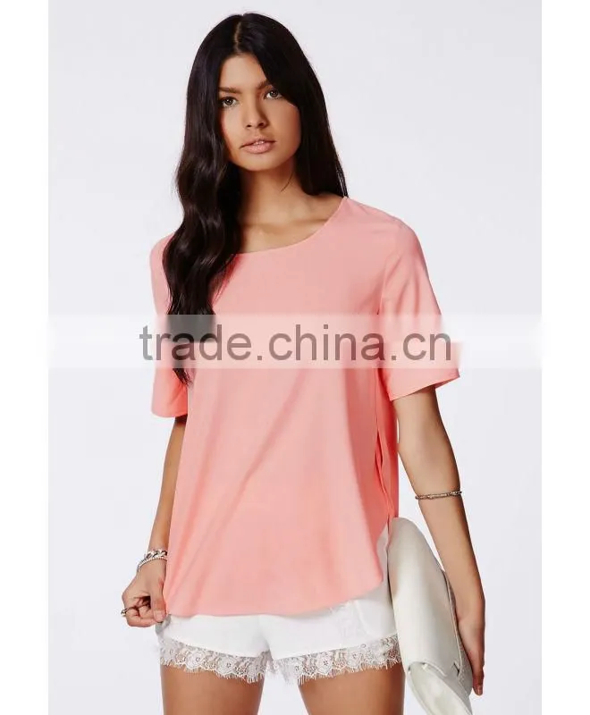High Quality Summer Short Sleeve Chiffon Woman Blouse,Wholesale Pink Chiffon Blouses For Women