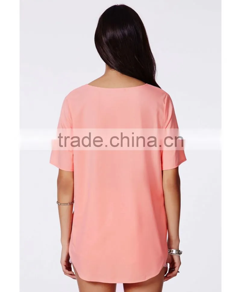 High Quality Summer Short Sleeve Chiffon Woman Blouse,Wholesale Pink Chiffon Blouses For Women