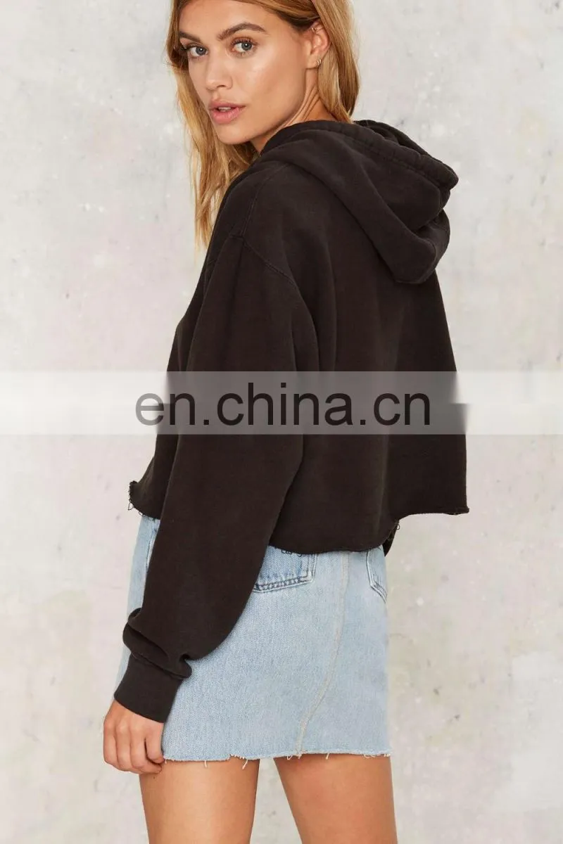 Wholesale Custom Oversized Long Sleeve Pullover Black Cropped Hoodie
