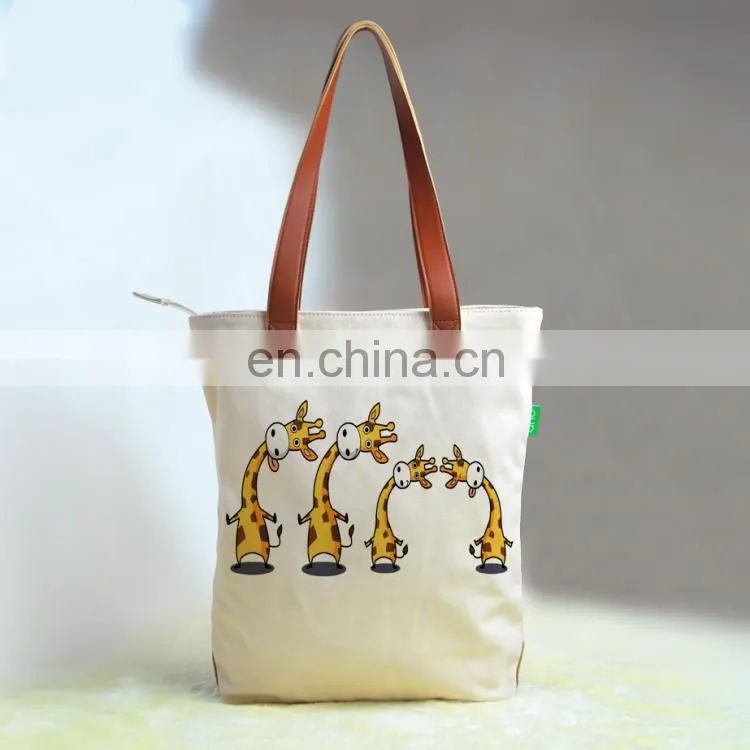 1 pcs Custom printed 16oz cotton canvas tote bag lether handles