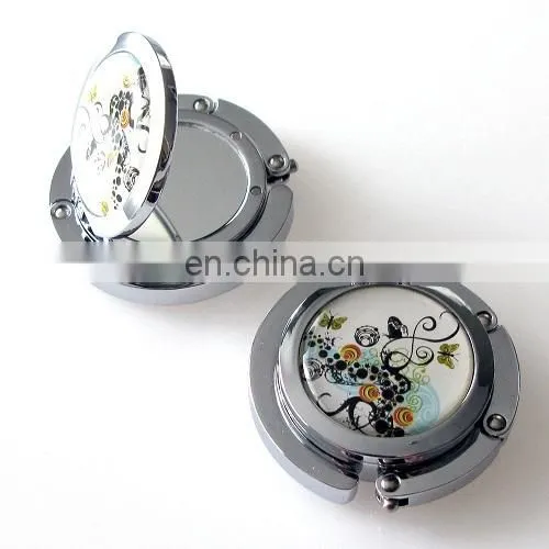 Metal bag hanger hook with compact mirror