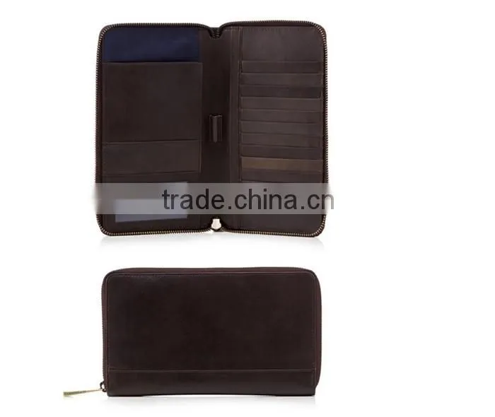 Zipper pure cow leather passport holder with ID window Multiple card slot passport holder