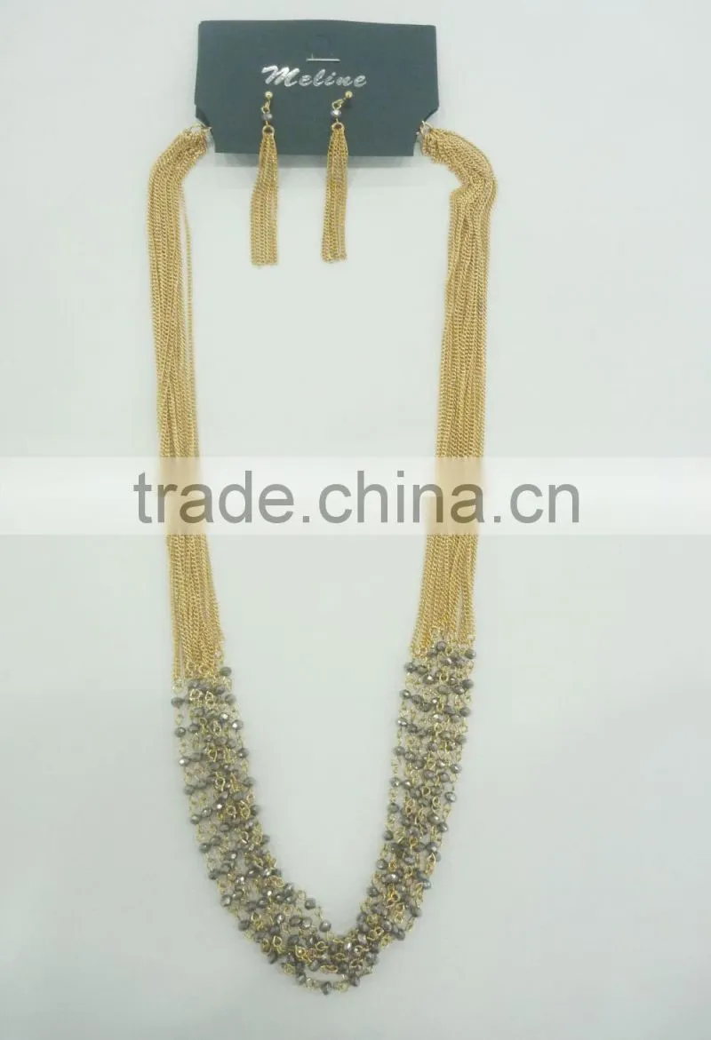 FASHION MULTI ROW BEADED CHAIN NECKLACE EARRING SET