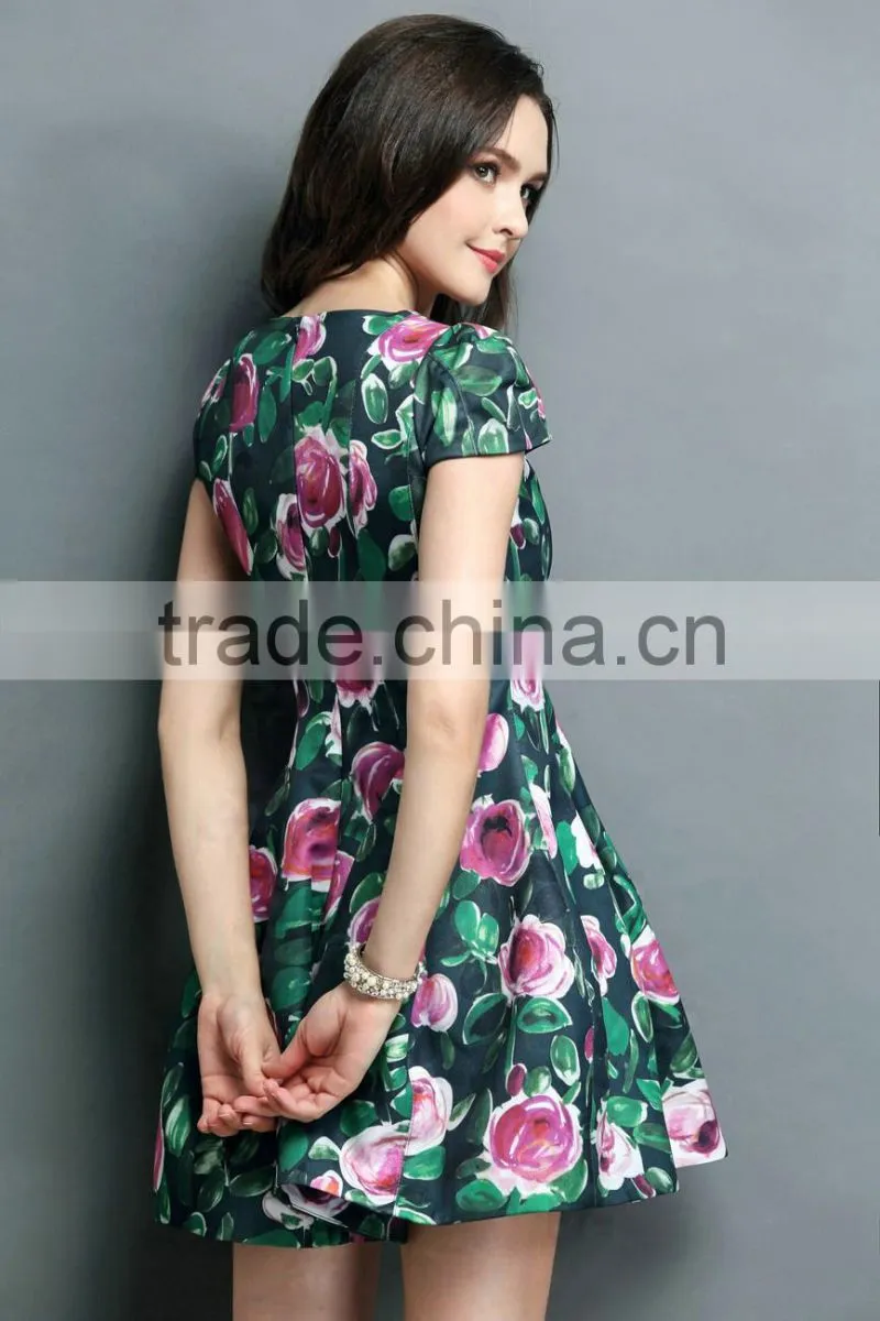 peony flower pattern emerald green beautiful lady fashion dress
