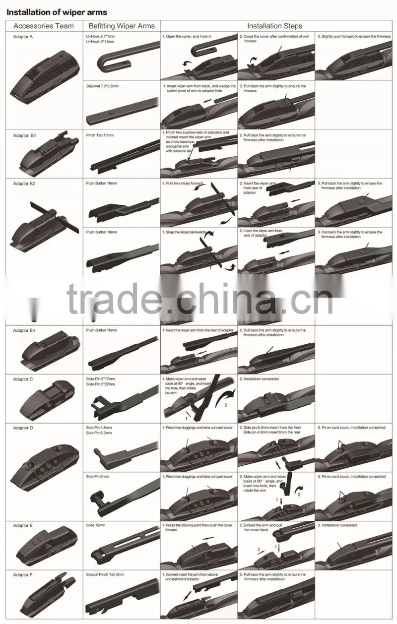New hot selling rubber strip wiper blade , HOWO WIPERS with 8 adapters S985