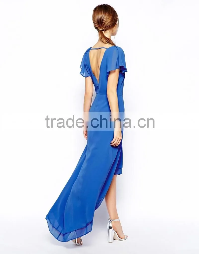 Open Back Long Tail Cocktail Dress With V-shaped Neckline