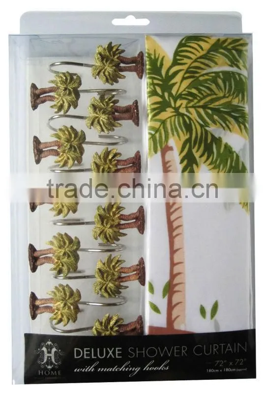 plant design polyester shower curtain with resin hooks