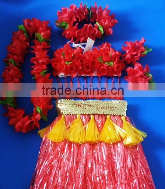 2014 new fashion hawaiian hula skirts with flower trim